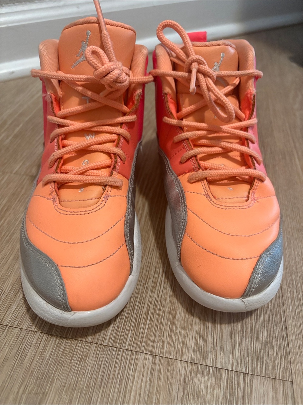 Jordan 12 Kids Bright Orange and Silver High-Top Sneakers
